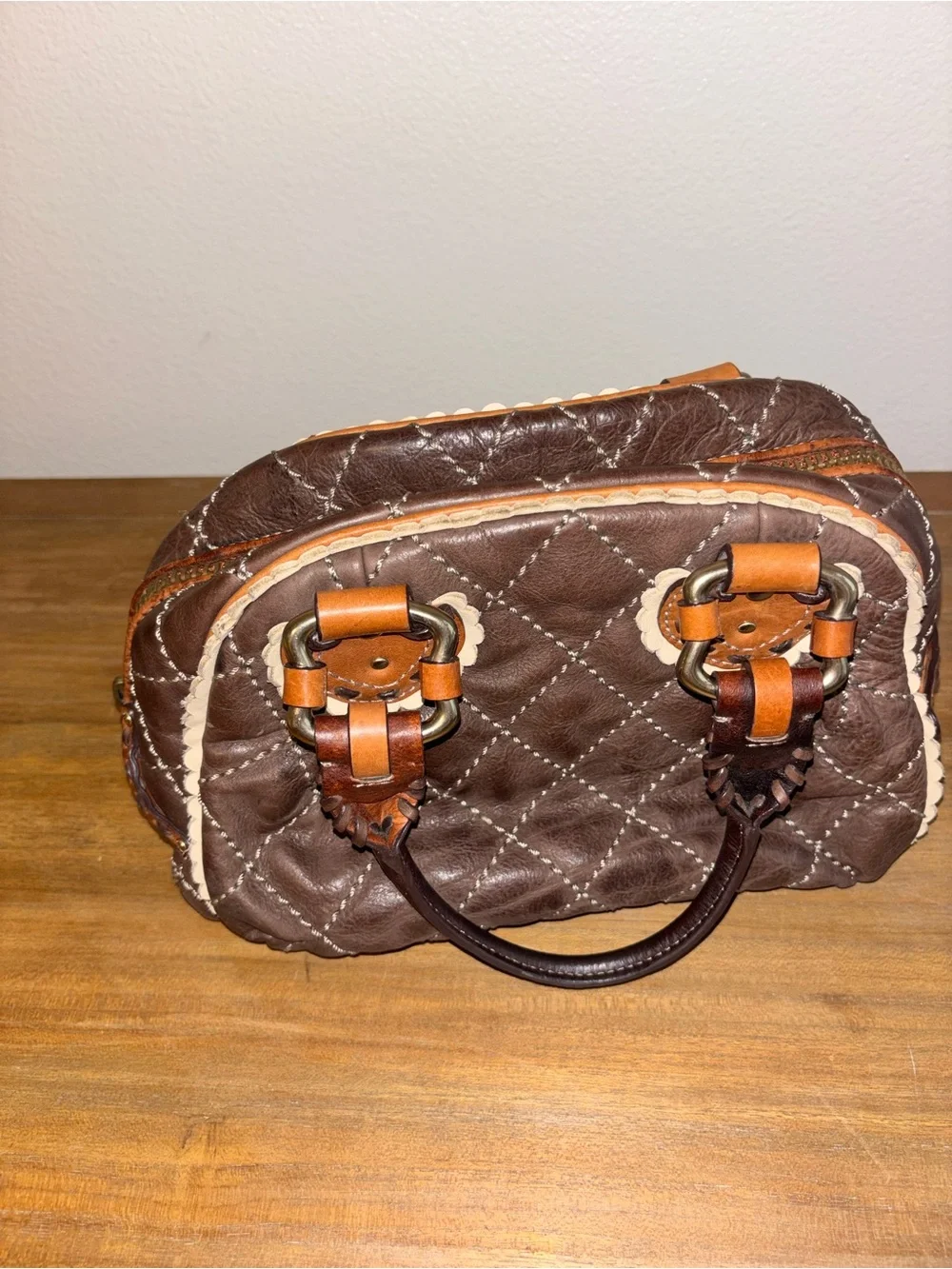 Juicy Couture Quilted Dark Brown Satchel with Tan Accents